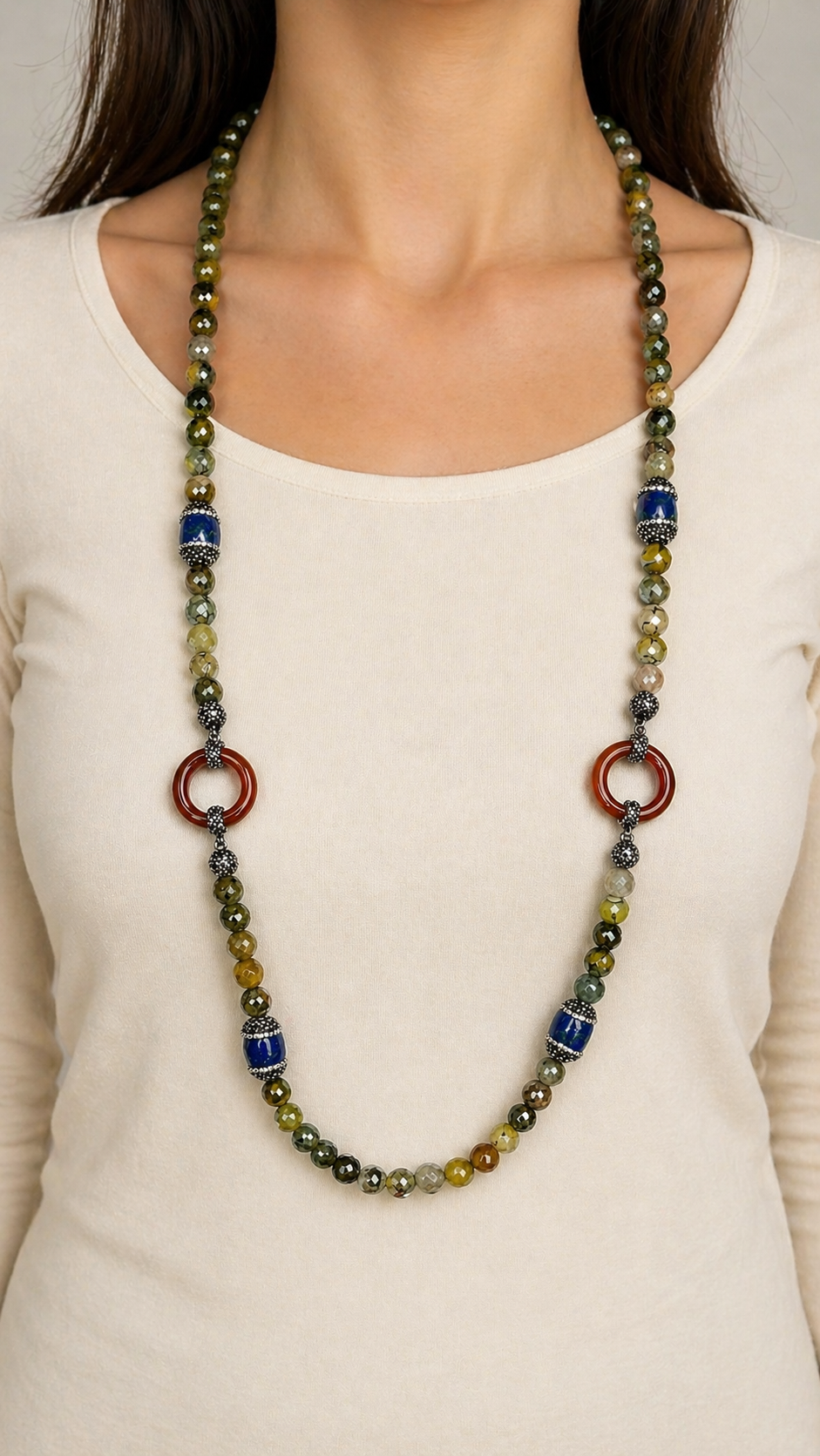 Ocean Wisdom Necklace Handmade Dragon Vein Agate Lapis Lazuli Carnelian Statement Necklace 36 Inch Long Boho Gemstone Jewelry for Women image 0