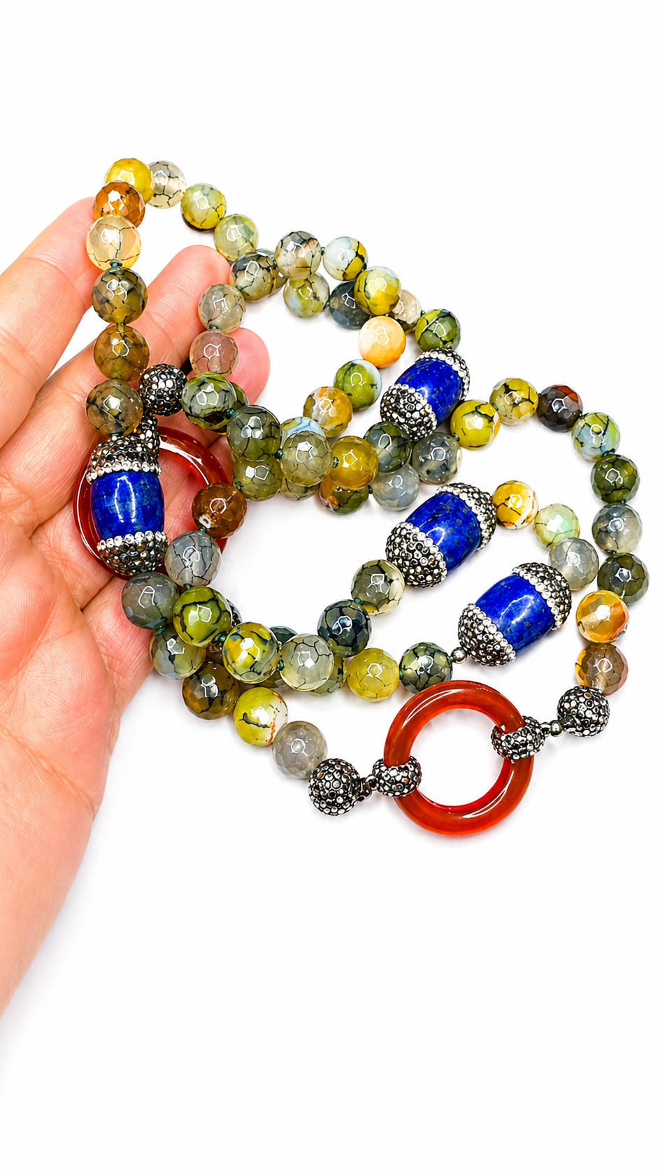 Ocean Wisdom Necklace Handmade Dragon Vein Agate Lapis Lazuli Carnelian Statement Necklace 36 Inch Long Boho Gemstone Jewelry for Women image 3