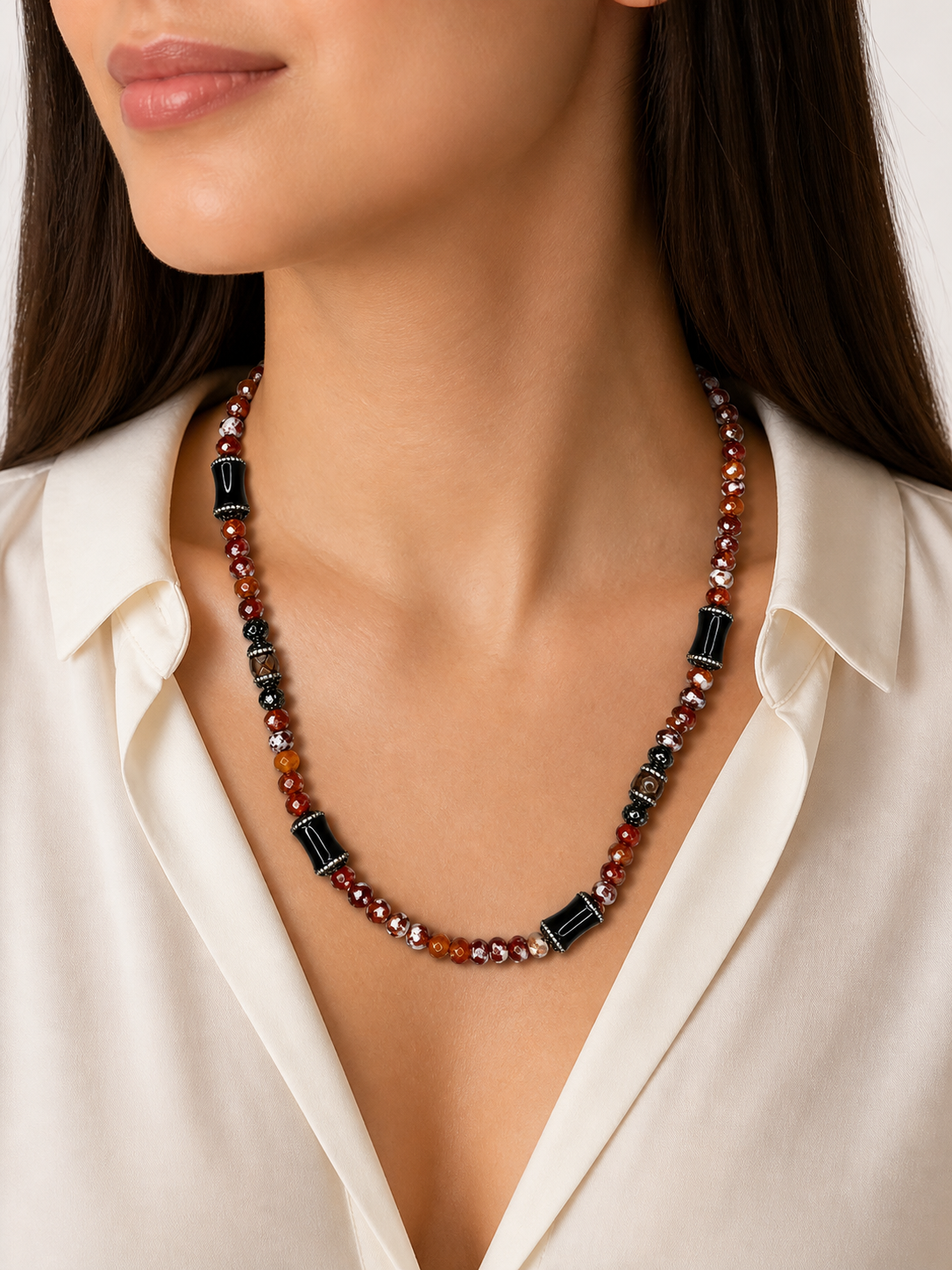 Fire Agate Necklace 36 Inch | Orange Dragon Vein Agate Boho Statement Necklace | Handmade Chakra Jewelry
