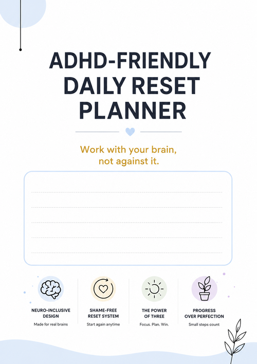ADHD-Friendly Daily Reset Planner Printable PDF | Neurodivergent Daily Planning System