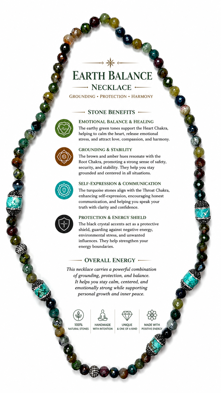 Earth Balance Necklace, Grounding Protection Necklace, Heart Chakra Jewelry, Turquoise Statement Necklace, Handmade Boho Gemstone Necklace