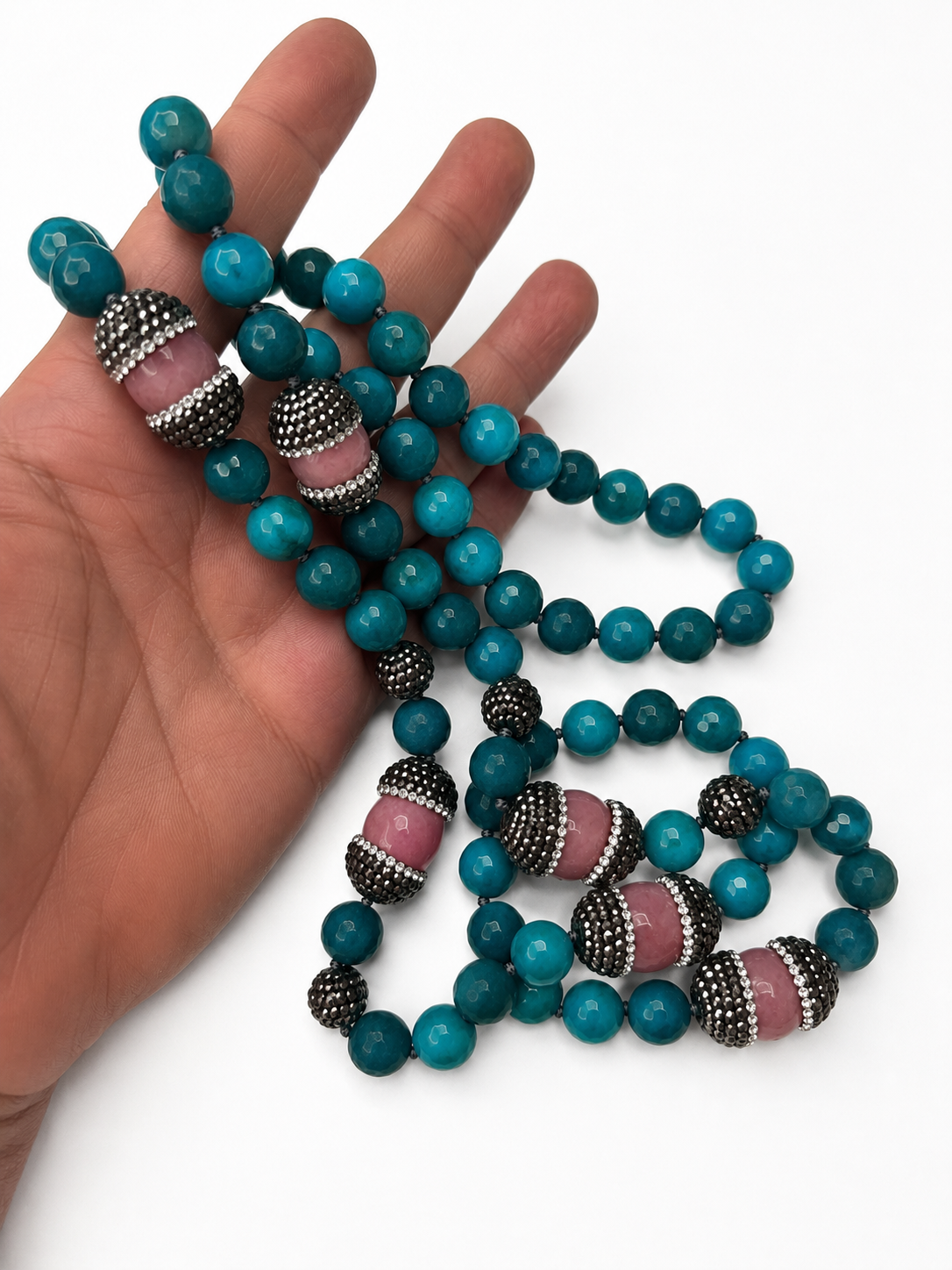 Green Heart Chakra Necklace, Turquoise Agate Beaded Necklace, Pink Gemstone Statement Necklace, Healing Crystal Jewelry, Handmade Boho Necklace