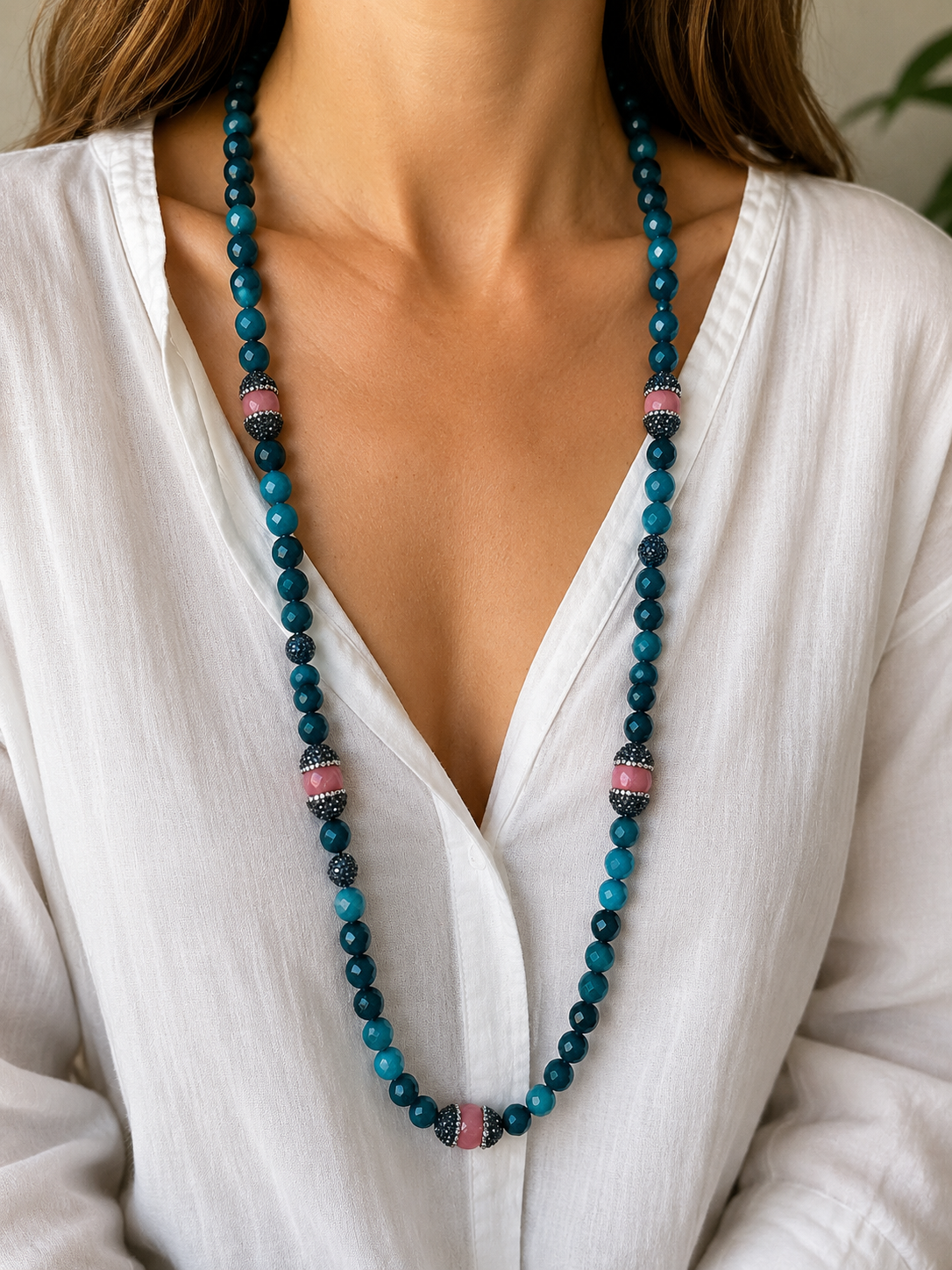 Green Heart Chakra Necklace, Turquoise Agate Beaded Necklace, Pink Gemstone Statement Necklace, Healing Crystal Jewelry, Handmade Boho Necklace