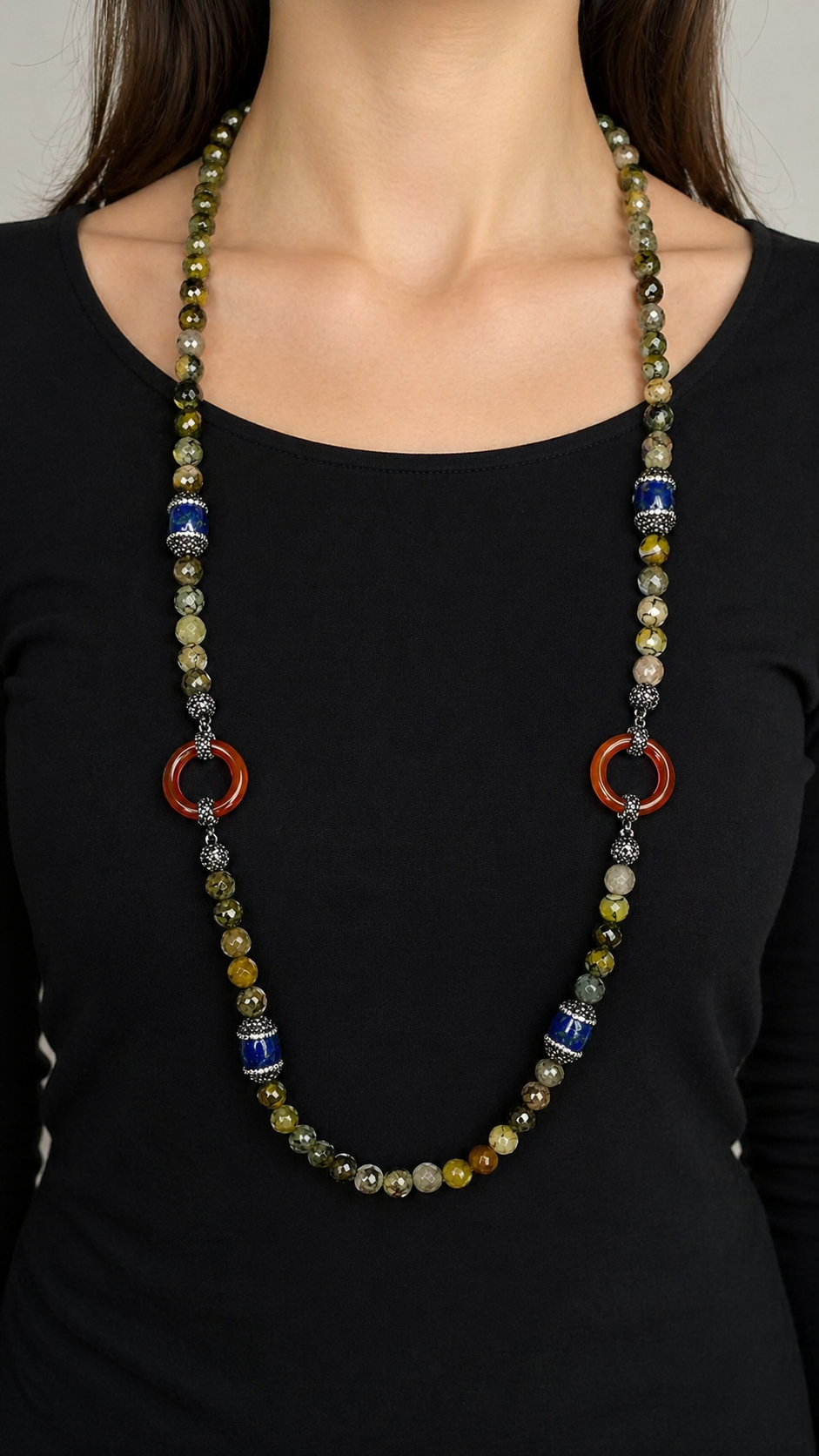 Ocean Wisdom Necklace Handmade Dragon Vein Agate Lapis Lazuli Carnelian Statement Necklace 36 Inch Long Boho Gemstone Jewelry for Women image 2