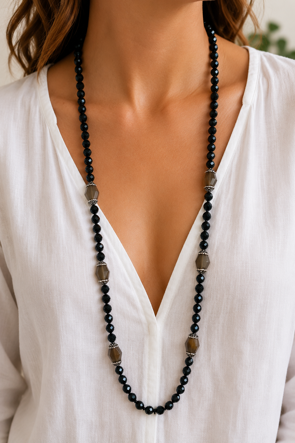 Midnight Protection Necklace, Black Onyx Grounding Necklace, Spiritual Protection Jewelry, Root Chakra Necklace, Smoky Quartz Boho Statement