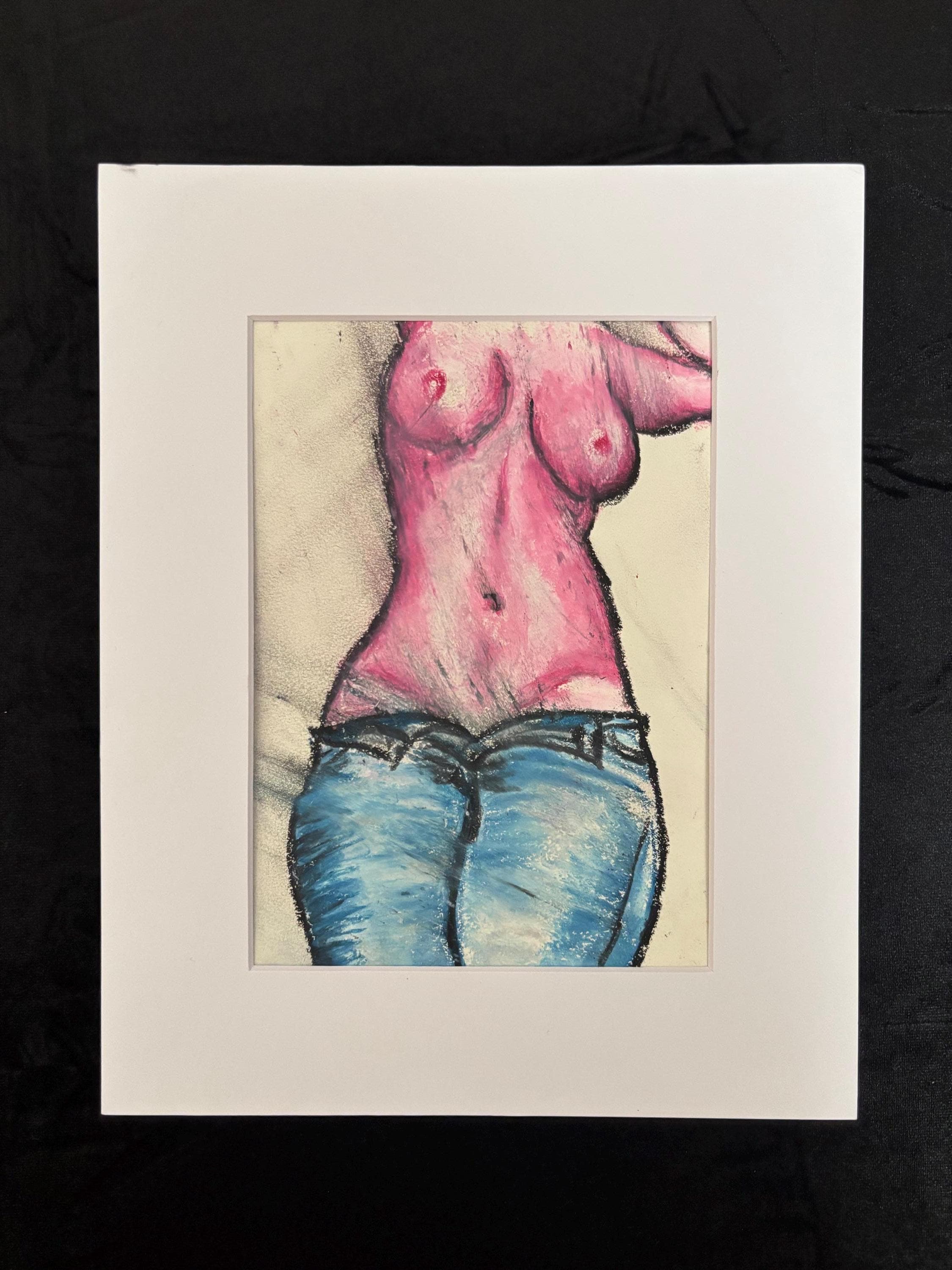 Original Oil Pastel Drawing: Neo-Feminist in Blue Jeans, Matted Small Wall Art, One of a Kind (dth.art.116)