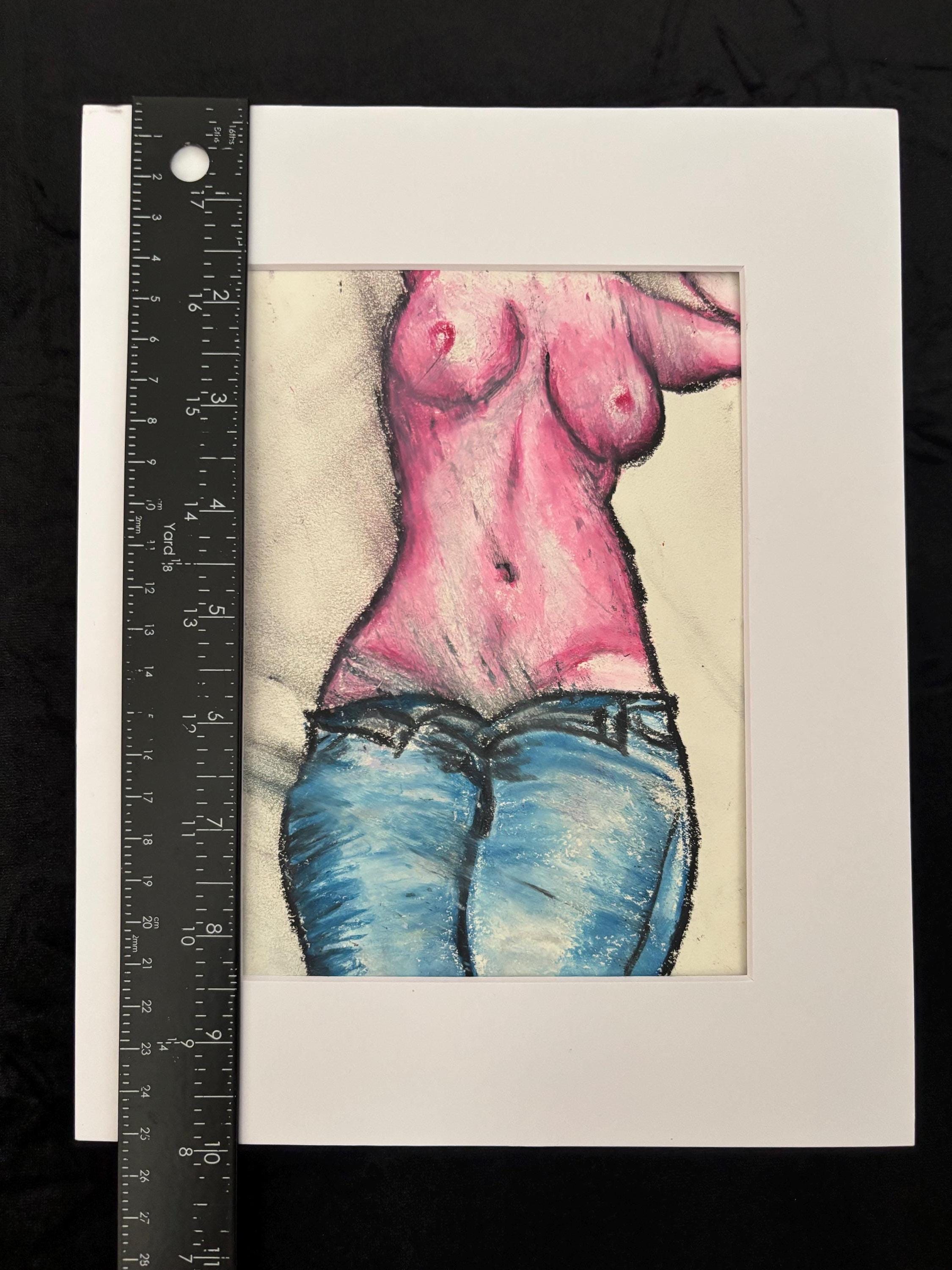 Original Oil Pastel Drawing: Neo-Feminist in Blue Jeans, Matted Small Wall Art, One of a Kind (dth.art.116)