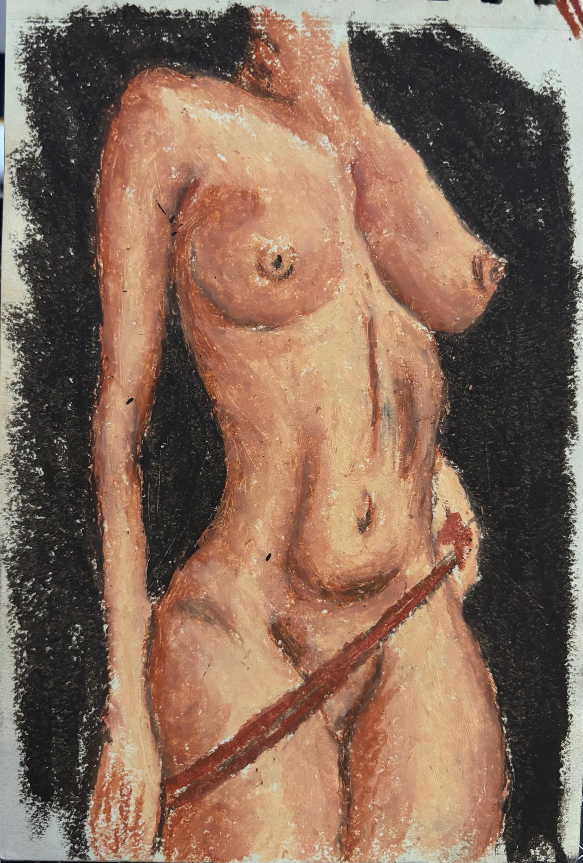 Original Oil Pastel Drawing: Hot Pink Nude Female Figure, Small Matted Fine Art, Body Positive Wall Decor, One of a Kind (2.122)