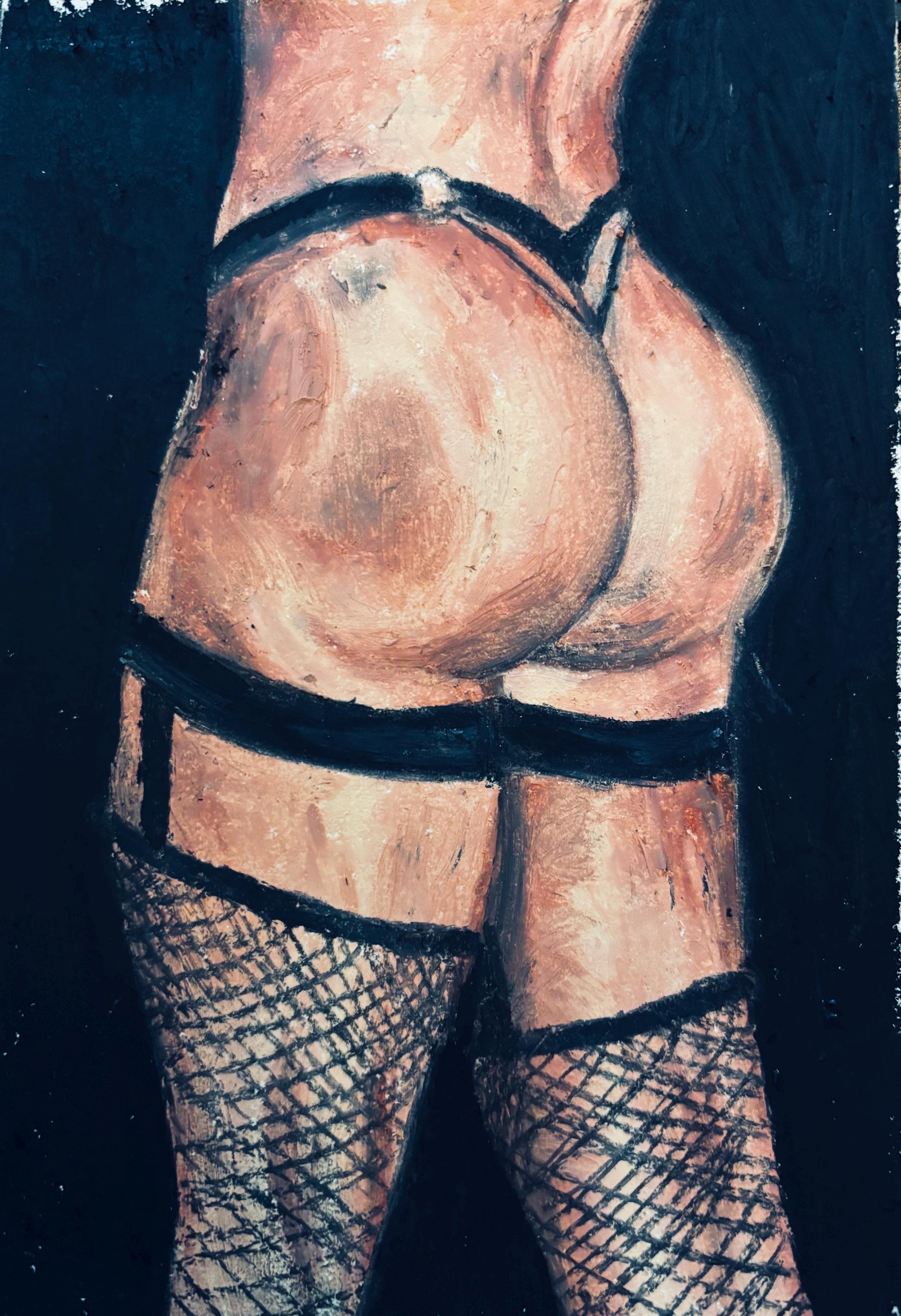 Original Oil Pastel Drawing: Small Nude in Black Fishnets, Matted Fine Art, Body Positive Wall Decor, One of a Kind (dth.art.2.89)