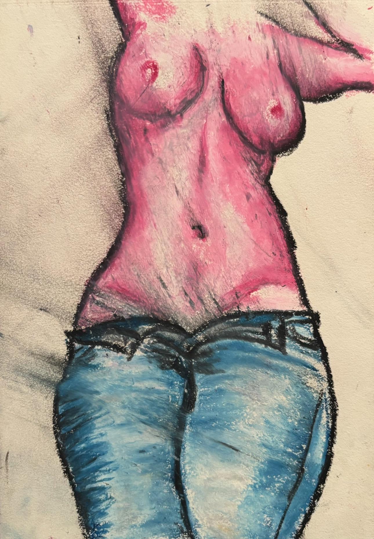 Original Oil Pastel Drawing: Neo-Feminist in Blue Jeans, Matted Small Wall Art, One of a Kind (dth.art.116)