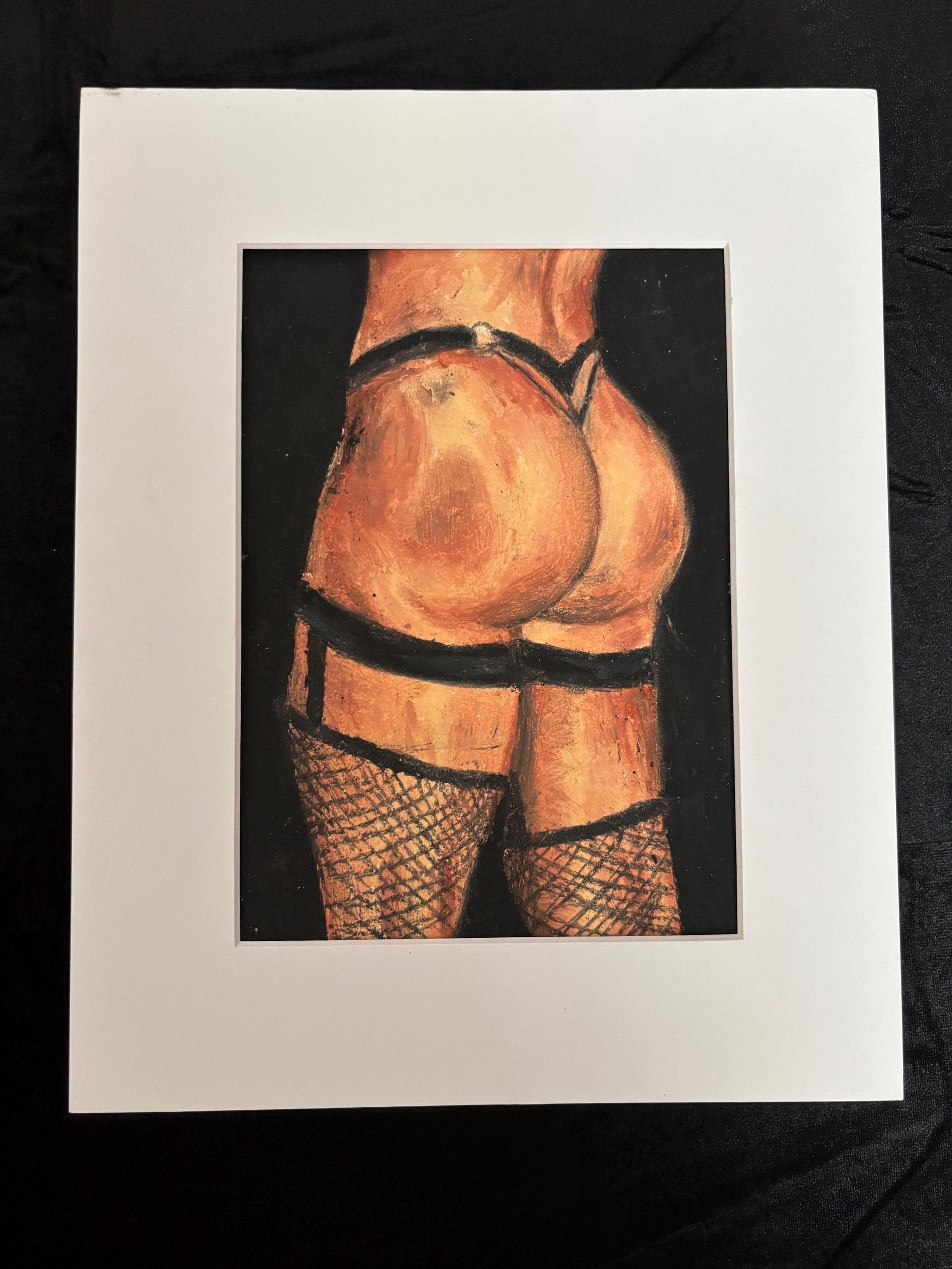 Original Oil Pastel Drawing: Small Nude in Black Fishnets, Matted Fine Art, Body Positive Wall Decor, One of a Kind (dth.art.2.89)