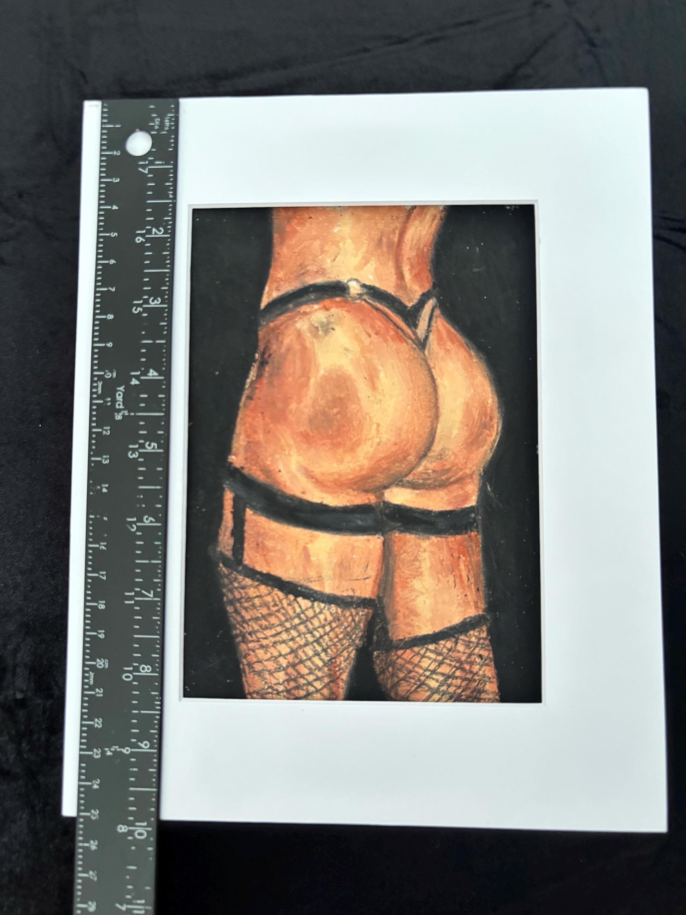 Original Oil Pastel Drawing: Small Nude in Black Fishnets, Matted Fine Art, Body Positive Wall Decor, One of a Kind (dth.art.2.89)