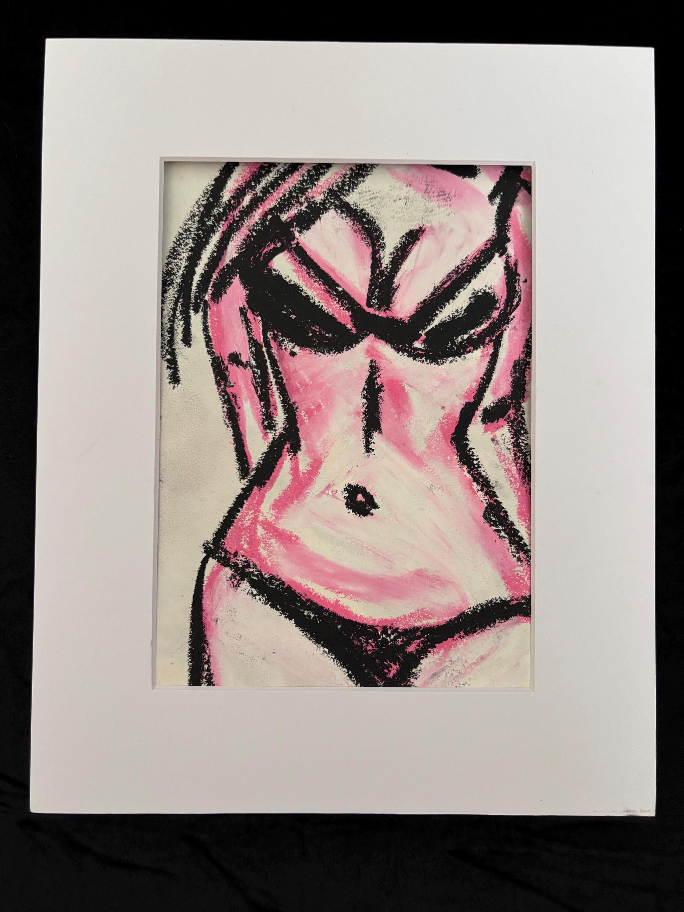 Original Oil Pastel Drawing: Hot Pink Nude Female Figure, Small Matted Fine Art, Body Positive Wall Decor, One of a Kind (2.123)
