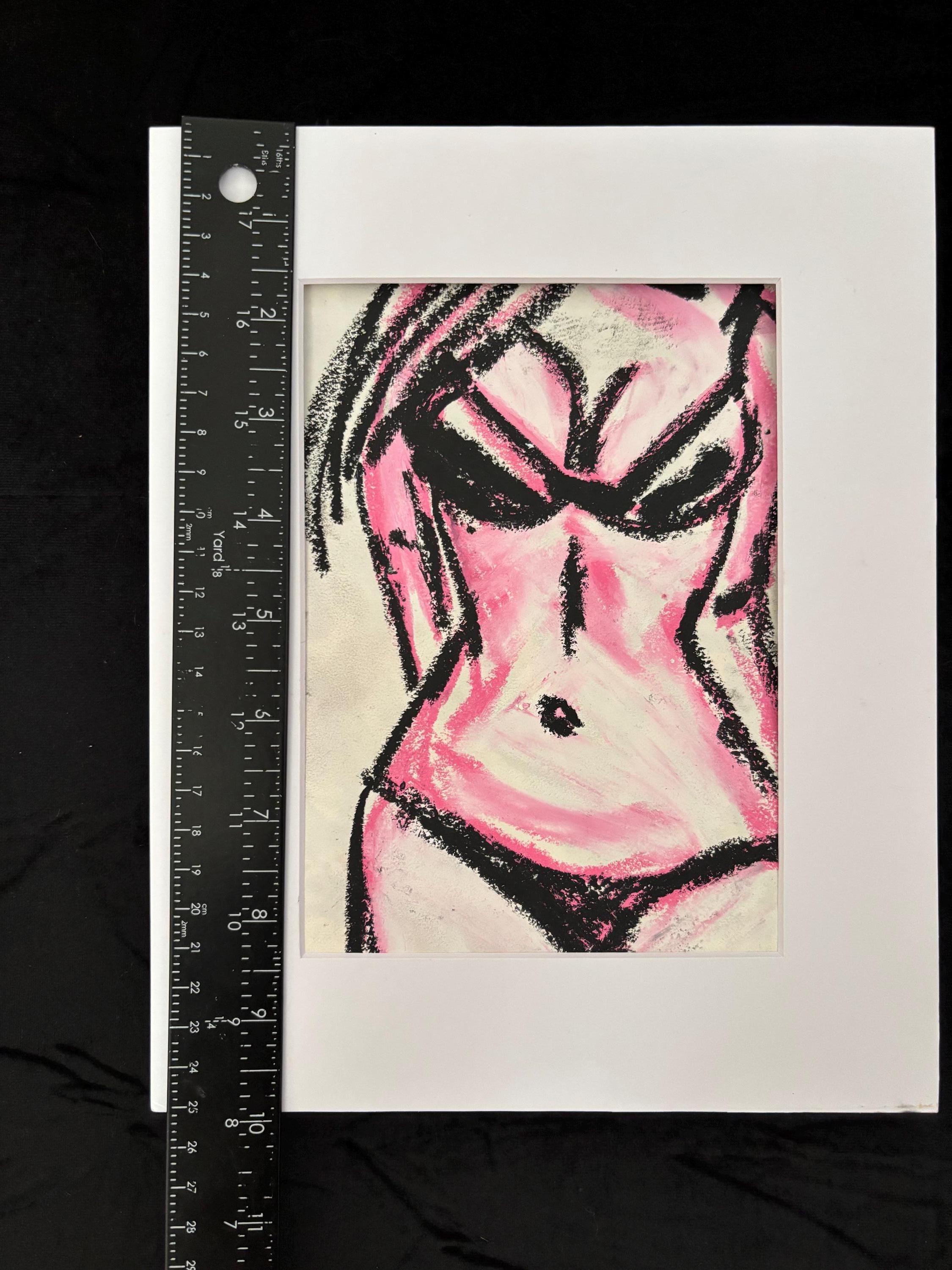 Original Oil Pastel Drawing: Hot Pink Nude Female Figure, Small Matted Fine Art, Body Positive Wall Decor, One of a Kind (2.123)