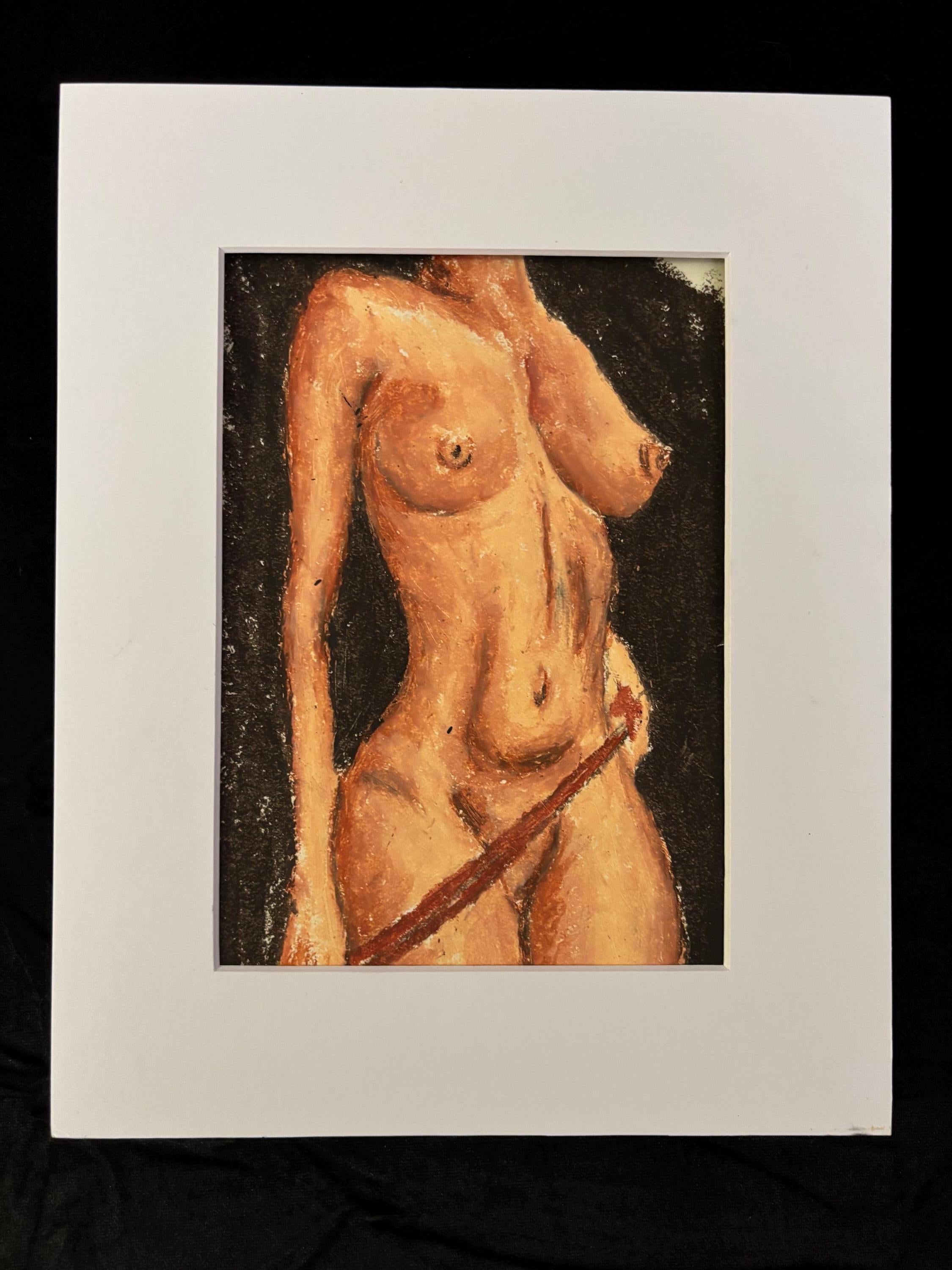 Original Oil Pastel Drawing: Hot Pink Nude Female Figure, Small Matted Fine Art, Body Positive Wall Decor, One of a Kind (2.122)