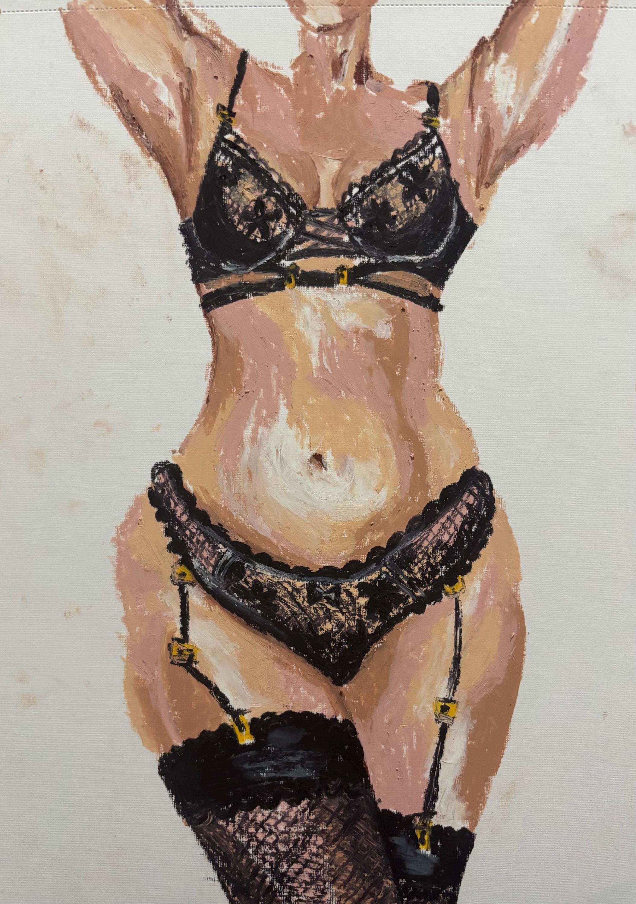 Gilded Lace Boudoir Art Print, Sensual Lingerie Oil Pastel Drawing, Body Positive Decor (Digital Download)