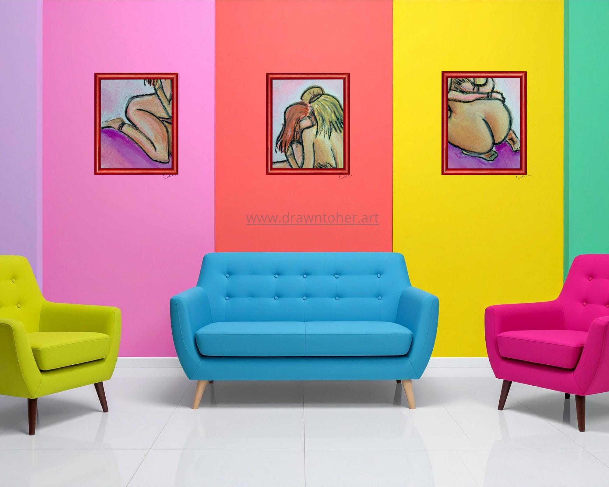 Sapphic Intimacy Art Print, Queer Love Wall Art, She's All I Need Pastel Drawing, LGBTQ+ Anniversary Gift,Minimalist Nude (Digital Download)