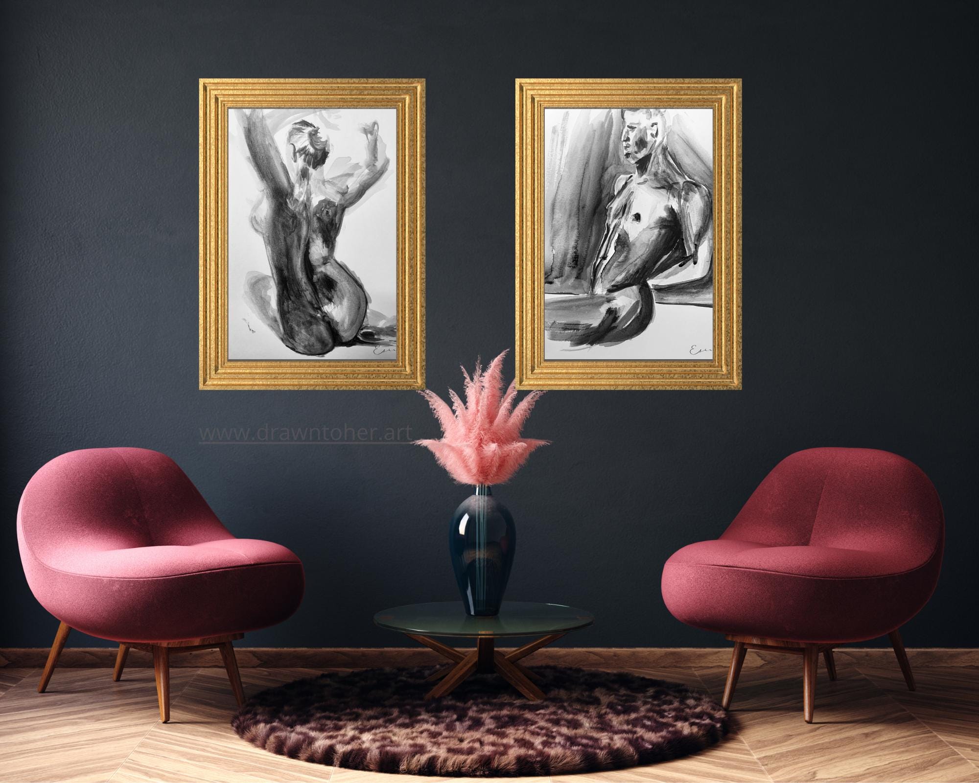 Feminine Nude Art, Monochrome Watercolor Figure, Body Positive Wall Decor, Digital Download, Duality Collection by DTH