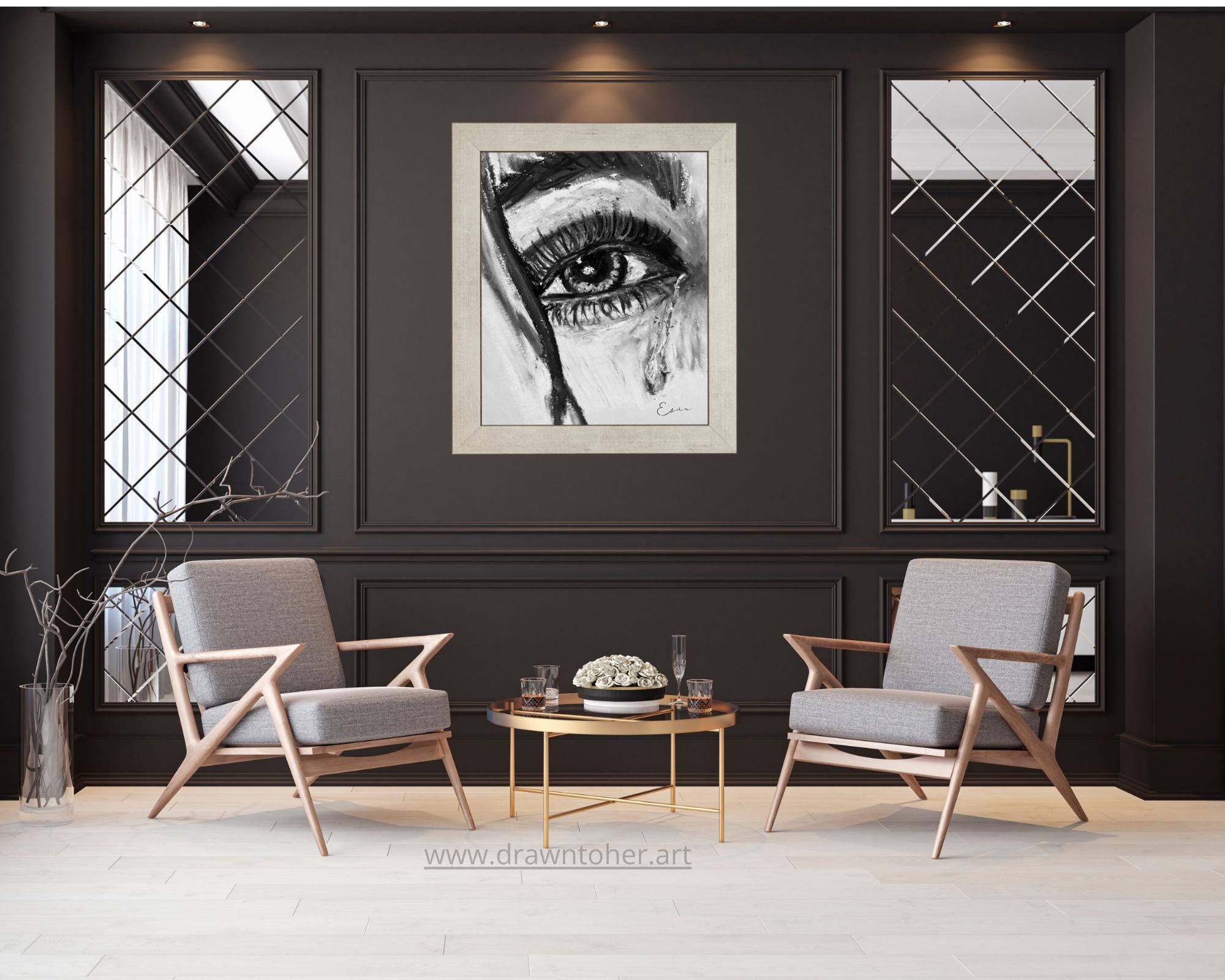 Through Her Eyes Art Print, Luminous Emotional Drawing, Abstract Female Gaze Wall Art, Surreal Poster (Digital Download)