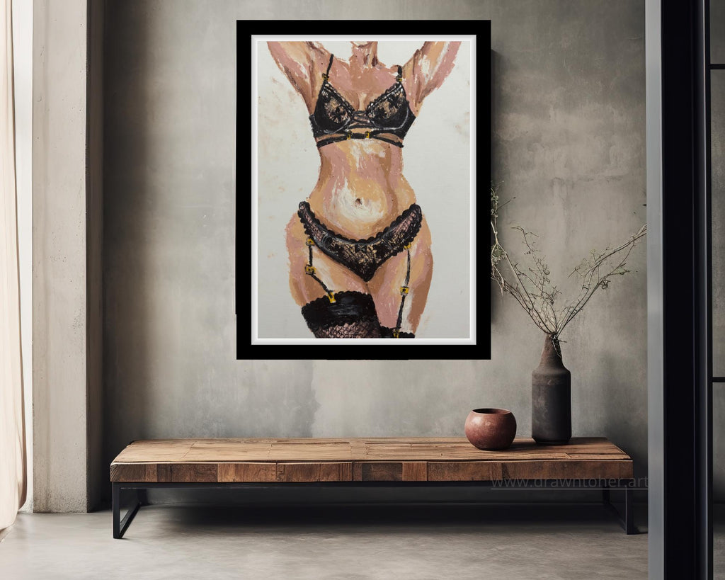 Gilded Lace Boudoir Art Print, Sensual Lingerie Oil Pastel Drawing, Body Positive Decor (Digital Download)