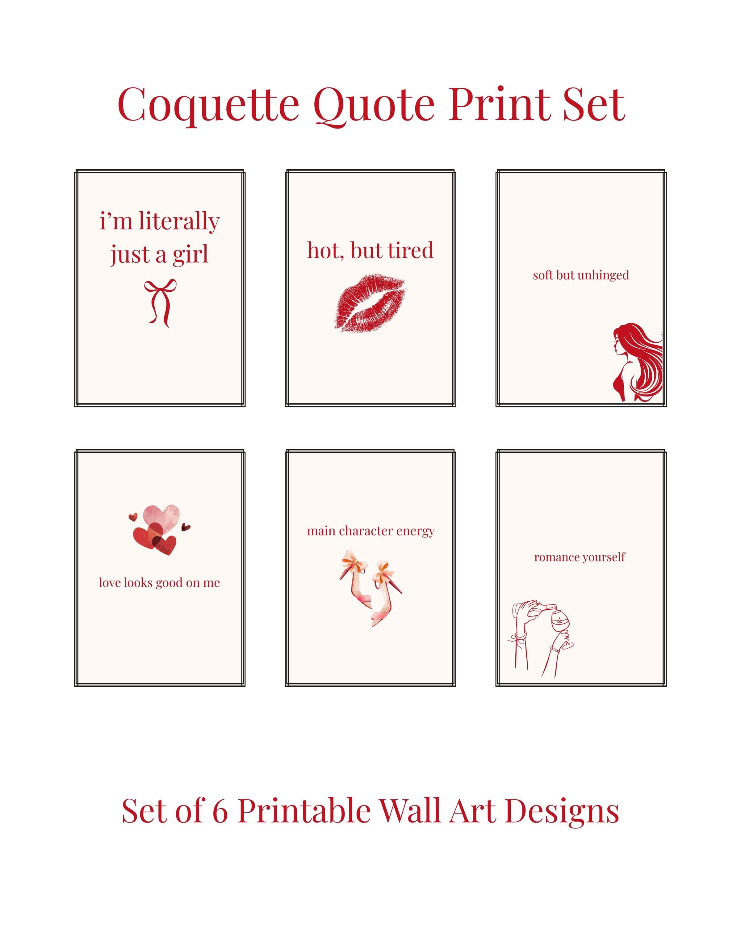 Coquette Red Quote Print Set | Set of 6 Girly Wall Art Prints | “Just a Girl” Aesthetic Digital Download