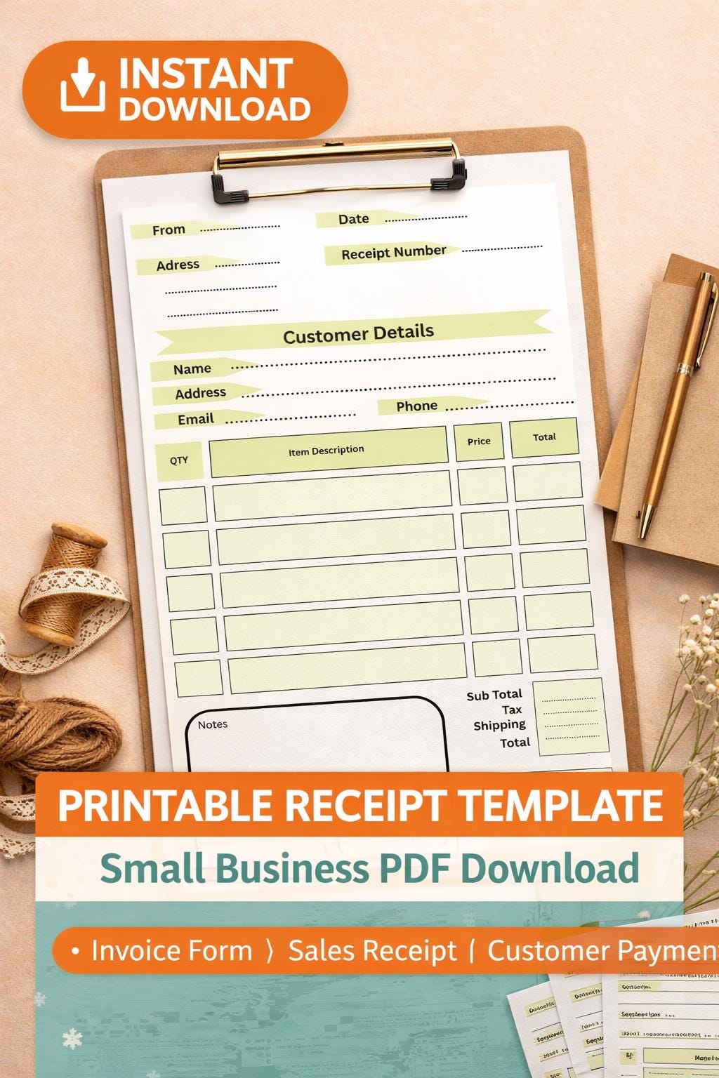 Printable Receipt Template PDF | Small Business Invoice Form (Digital Download)