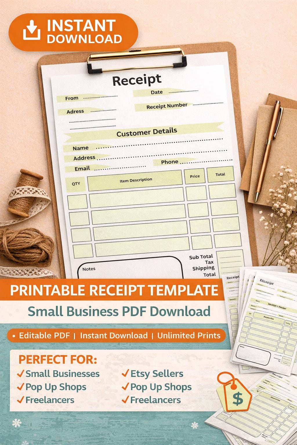 Printable Receipt Template PDF | Small Business Invoice Form (Digital Download)