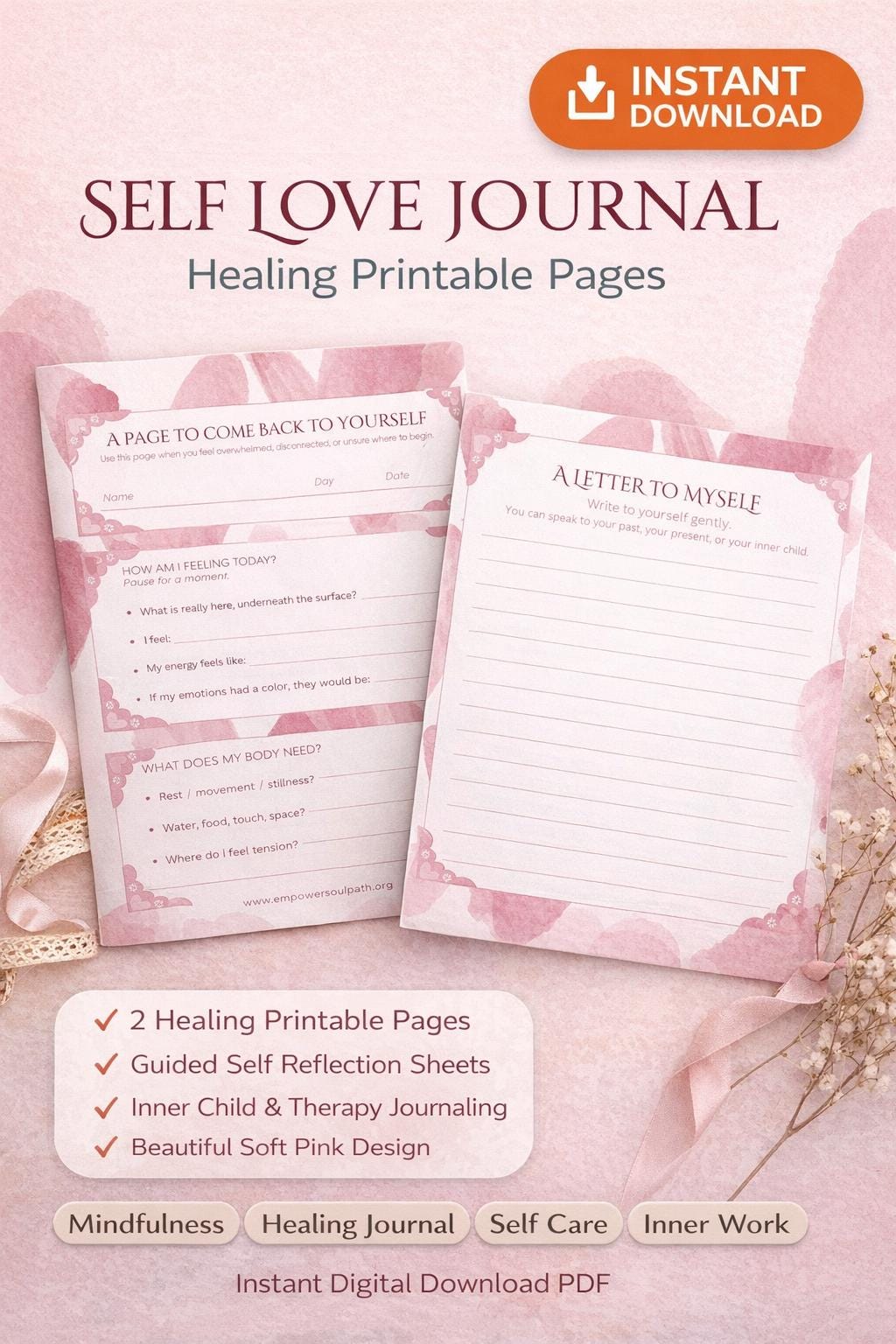 Self Love Journal Pages | Guided Healing Reflection Sheets (Digital Download)