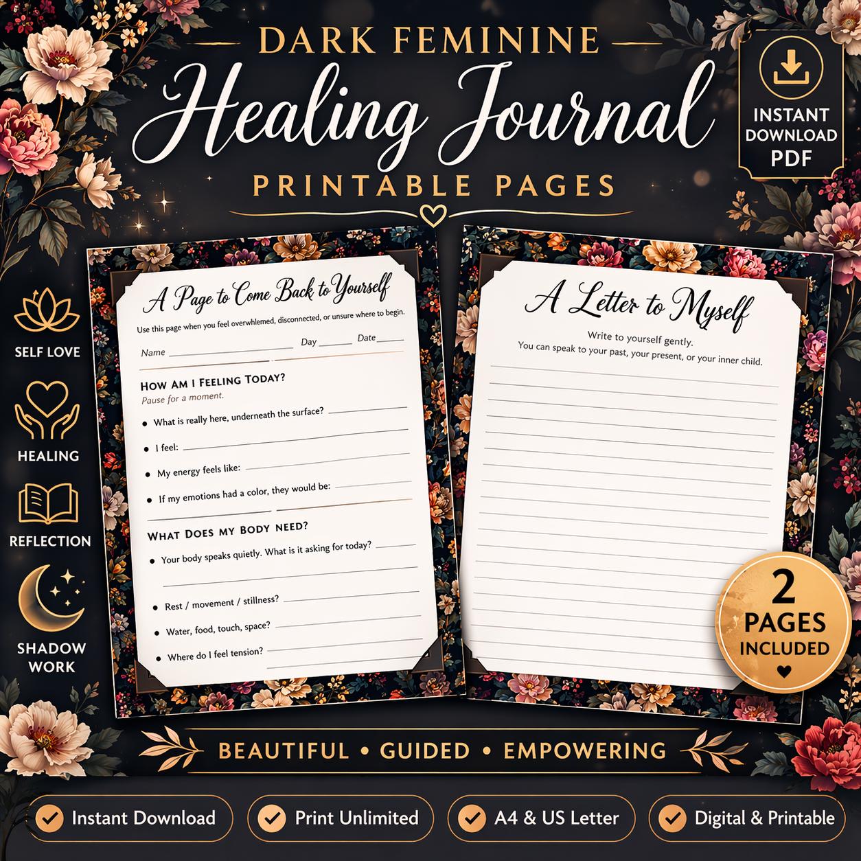 Dark Feminine Journal Pages | Gothic Floral Healing Workbook (Digital Download)