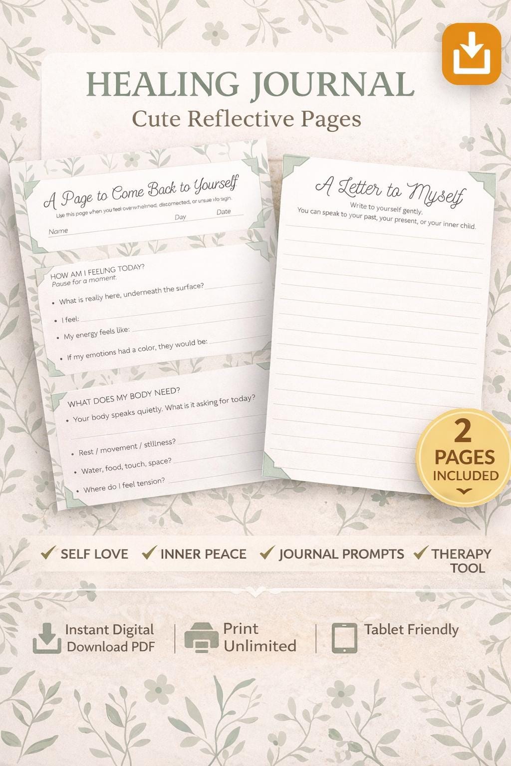 Gentle Healing Journal Printable | Self Care & Mindfulness Pages | Botanical Reflection PDF Download