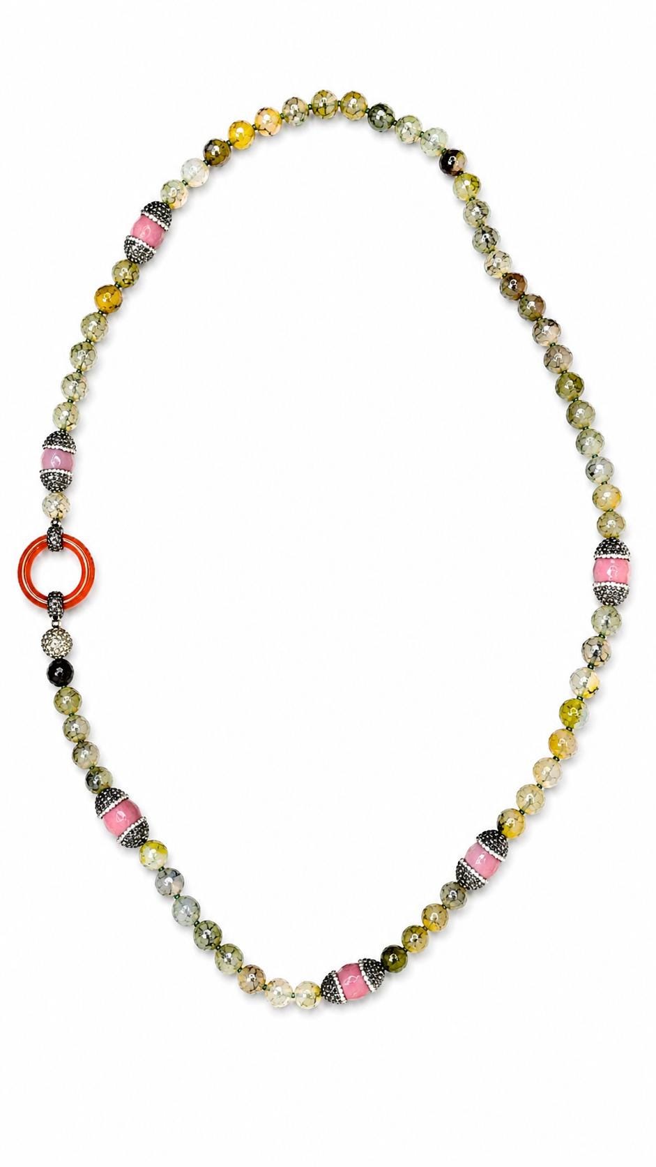Forest Wisdom Necklace, Dragon Vein Agate Lapis Lazuli Carnelian Statement Necklace, 36 Inch Crystal Jewelry