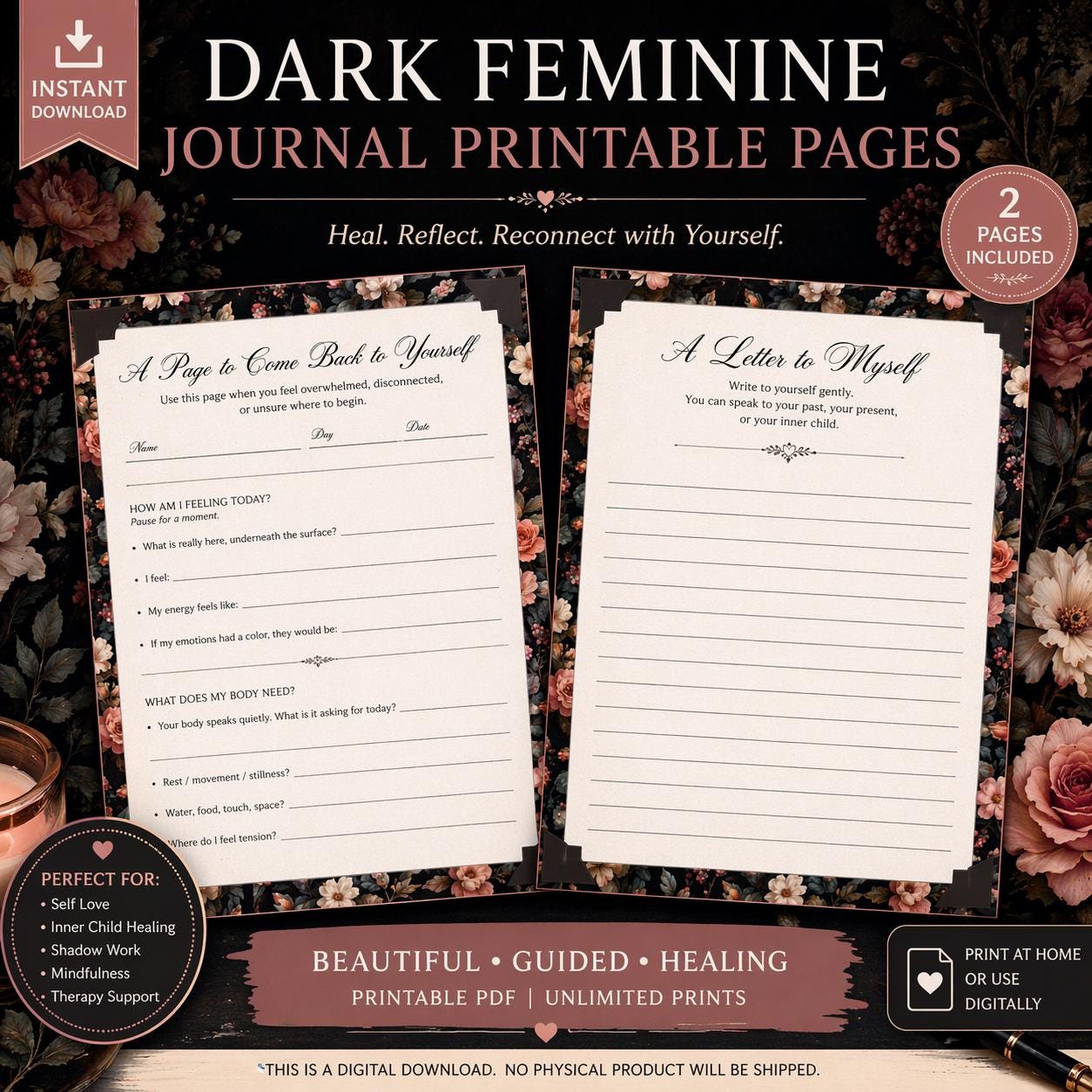 Dark Feminine Journal Pages | Gothic Floral Healing Workbook (Digital Download)