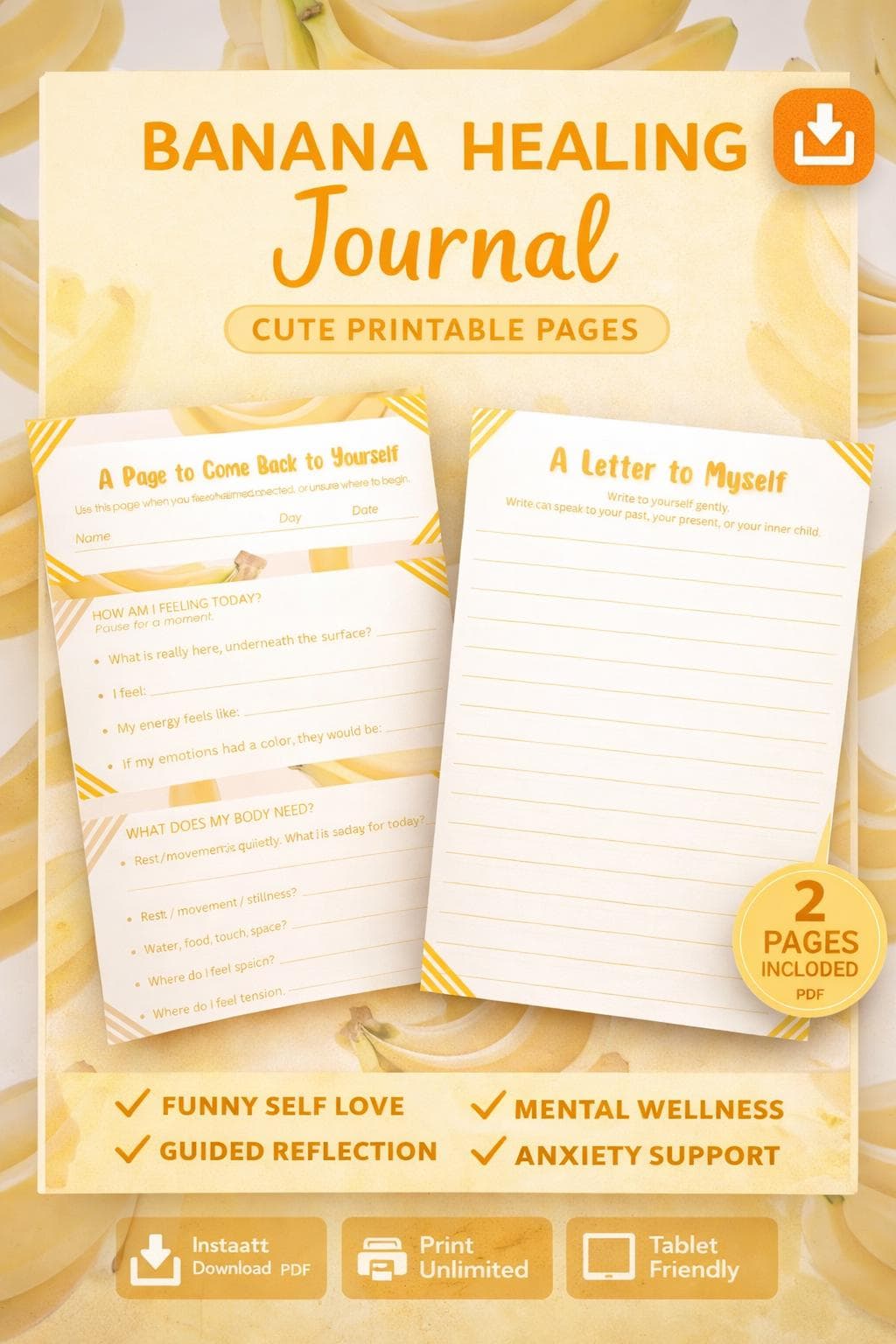 Banana Self Love Journal Printable | Fun Healing & Reflection Pages | Cute Mental Health PDF Download