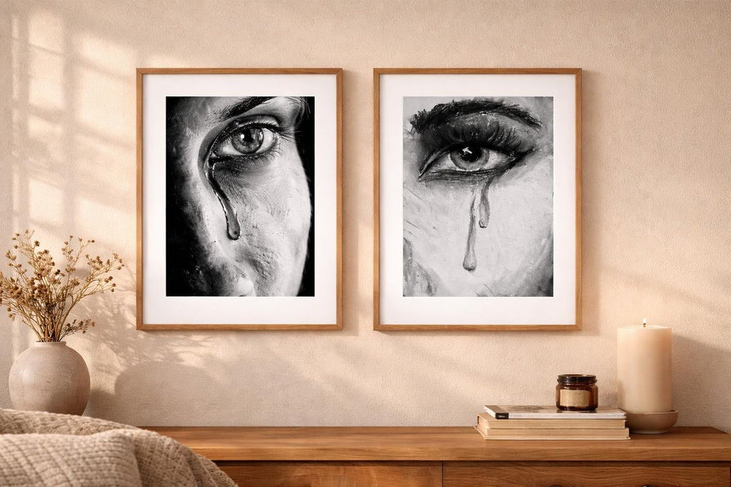 When She Cries Art Print, Surreal Oil Pastel Drawing, Emotional Female Gaze, Body Positive Decor (Digital Download)