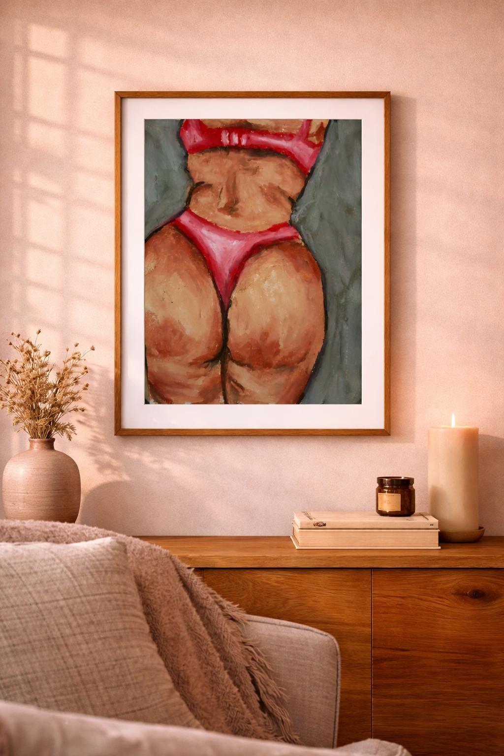 Original Oil Pastel Drawing: Hot Pink Nude Female Figure, Small Matted Fine Art, Body Positive Wall Decor, One of a Kind (2.121)