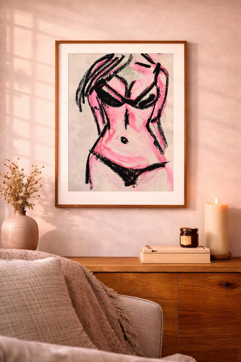 Original Oil Pastel Drawing: Hot Pink Nude Female Figure, Small Matted Fine Art, Body Positive Wall Decor, One of a Kind (2.123)