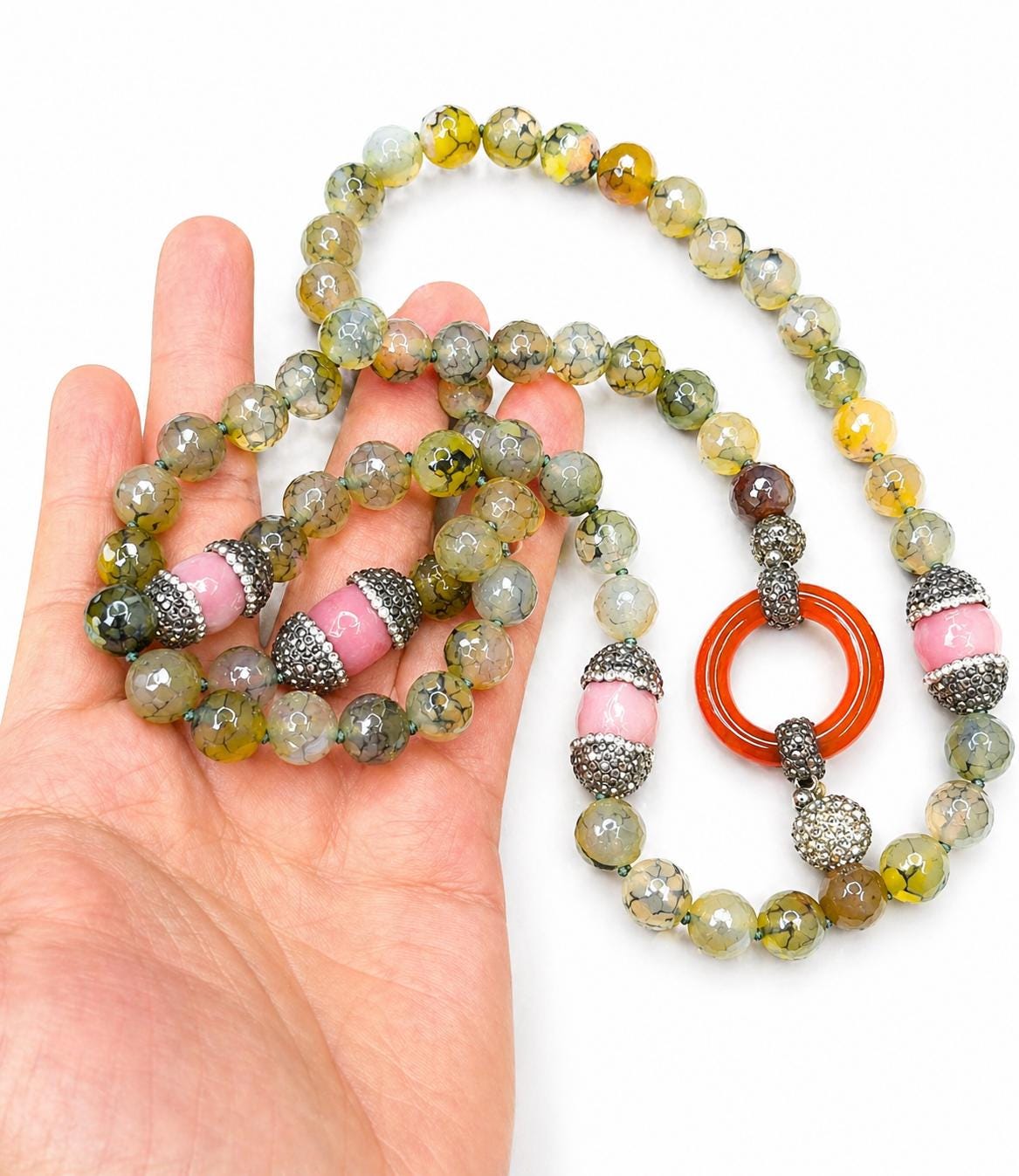 Forest Wisdom Necklace, Dragon Vein Agate Lapis Lazuli Carnelian Statement Necklace, 36 Inch Crystal Jewelry
