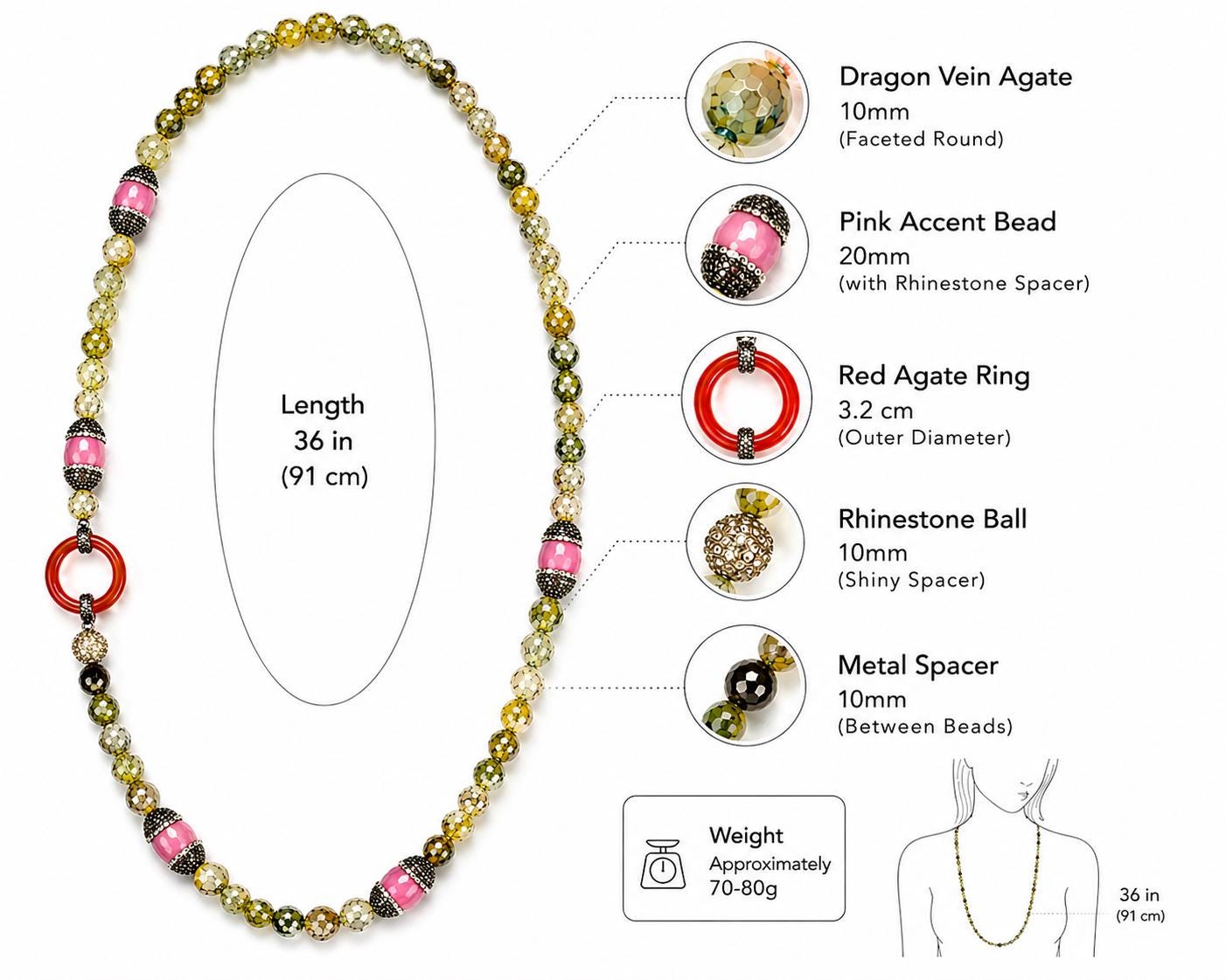 Forest Wisdom Necklace, Dragon Vein Agate Lapis Lazuli Carnelian Statement Necklace, 36 Inch Crystal Jewelry